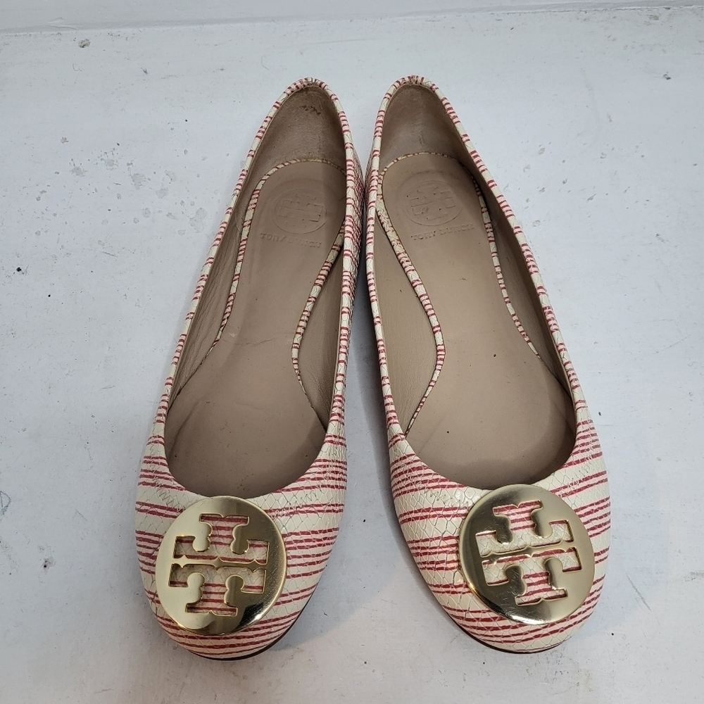 Tory Burch Leather Striped Slip On Flat Caroline Ballet Shoe Red Size 8M
